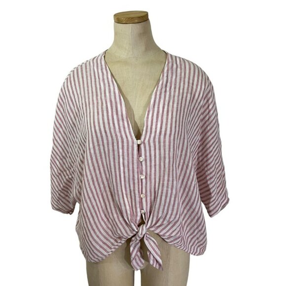 Rails women's blouse M pink white stripe Thea Florence linen blend top low v - Picture 2 of 9